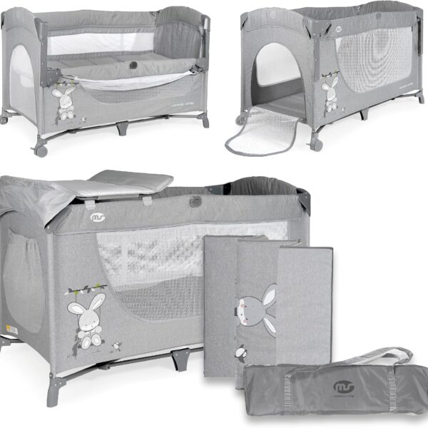 Cuna de viaje MS Oxford gris con cambiador, colecho y bolsa de transporte