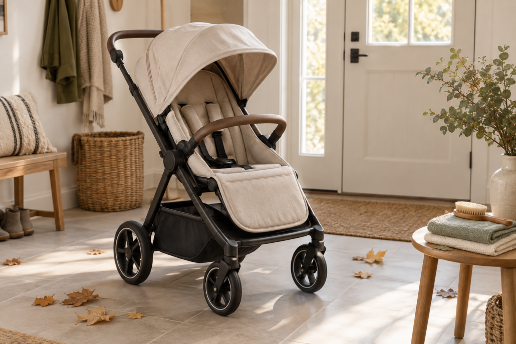 Carrito de bebé vacío junto a paños suaves y un cepillo preparados para su limpieza.