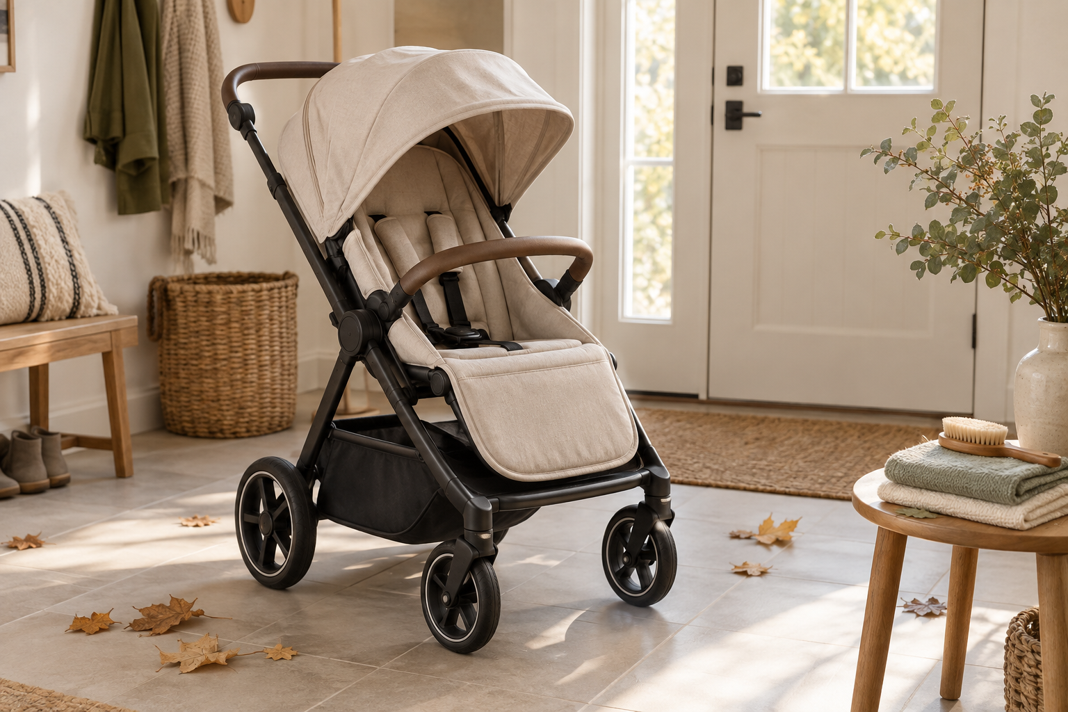 Carrito de bebé vacío junto a paños suaves y un cepillo preparados para su limpieza.